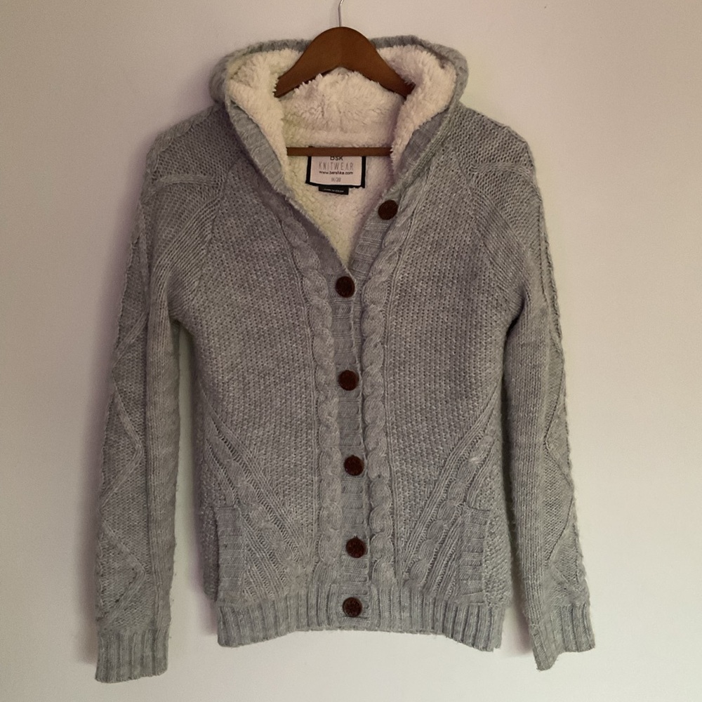 Bershka Grey Hooded Cardigan Sweater with Cozy Knit